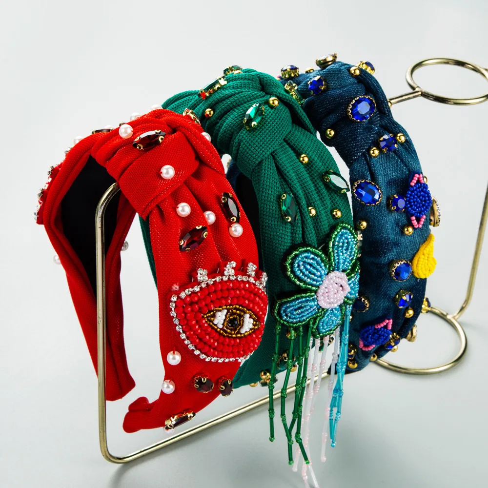 

New fashion headband women's baroque temperament multi-color fabric knotted headband pearl crystal wide edge hair accessories