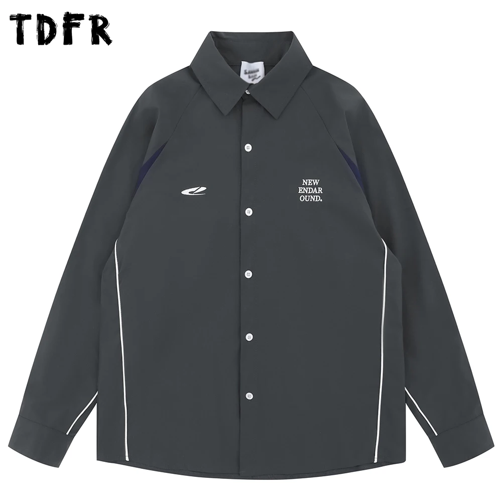 

Letter Embroidery Spliced Long Sleeve Shirts Mens Patchwork Autumn Casual Loose Lapel Single Breasted Shirts Man