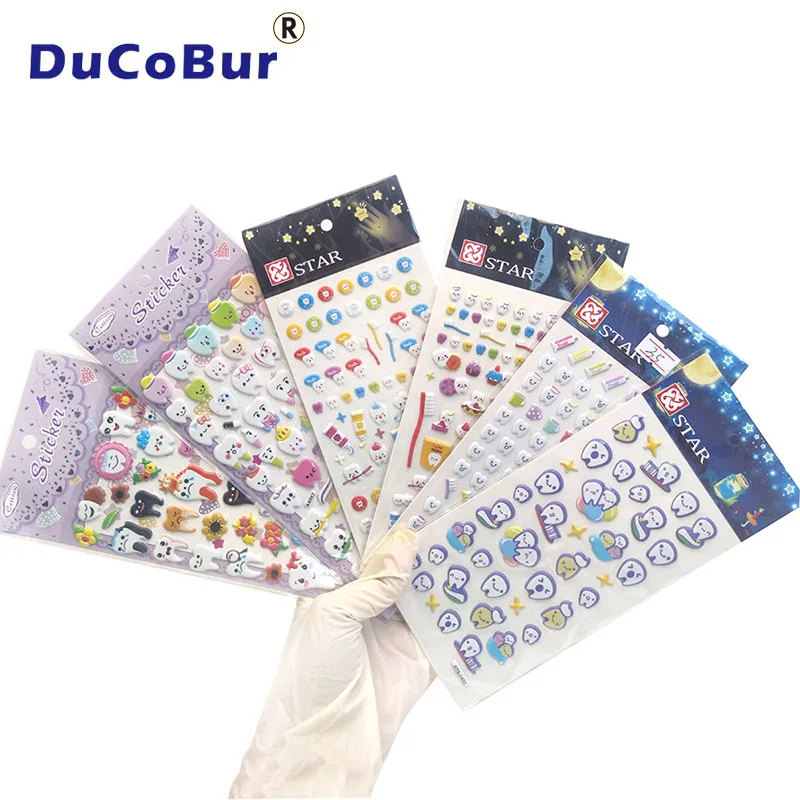 6 Sheets Dental 3D Stickers Reward Cute Tooth Shaped Cartoon Scrapbook for Dentistry Clinic Kids Gift Dentist Decoration Tool