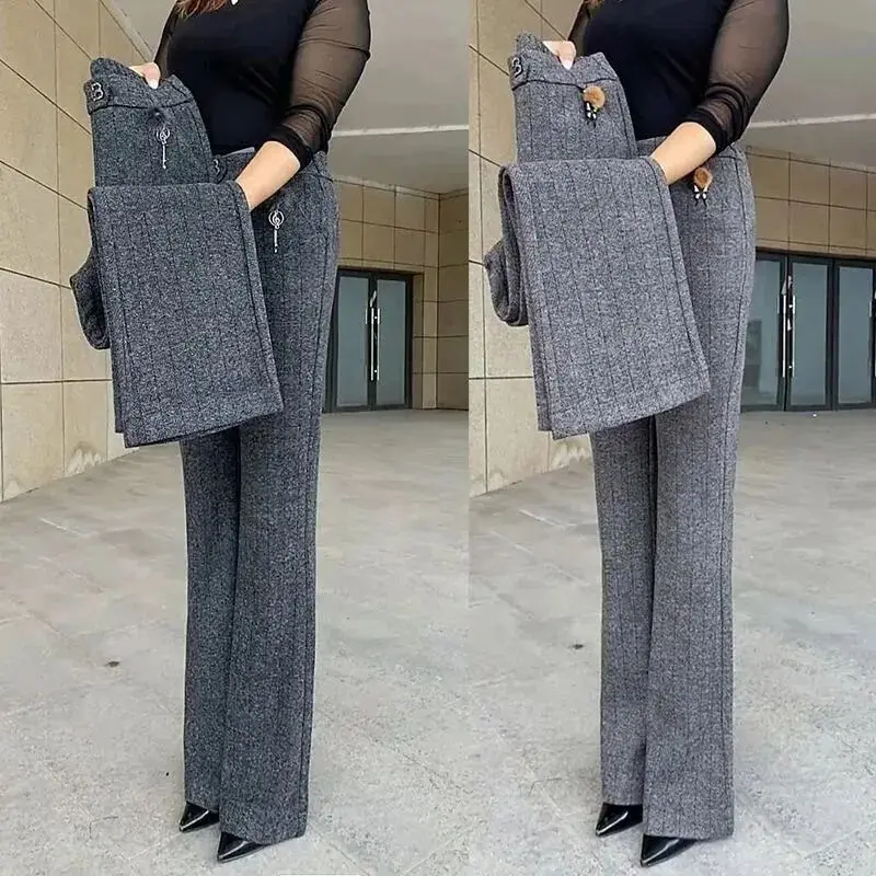 Wiosenny i jesienny nowy w pasie wełniane spodnie biuro kobieta dorywczo spodnie Flare moda kobiety Stretch proste spodnie na co dzień 5XL
