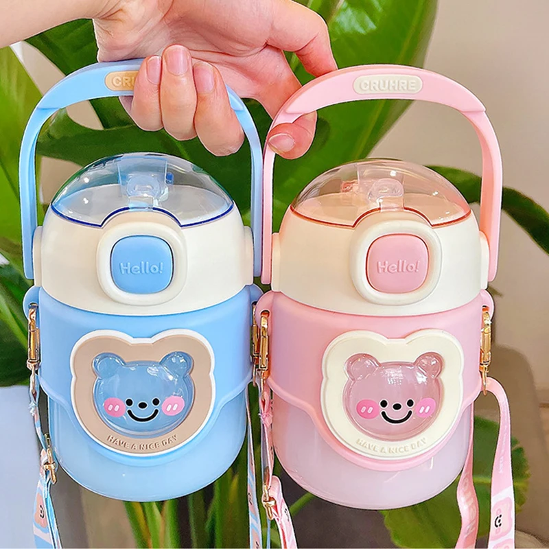 

800ml Water Bottle For Girls Cartoon Travel Straw Mug Portable Sport Drink Kettle New Cute Plastic Cup Kawaii Bear Kids Tumbler