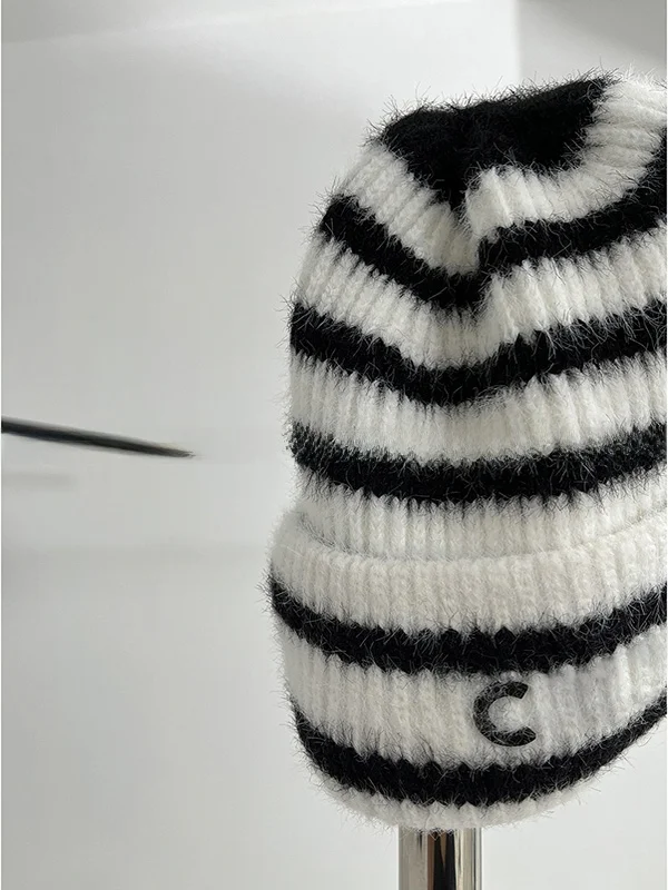 classic-style-warm-rabbit-fur-knitted-hat-women's-fashion-winter-accessories-versatile-striped-design-new-arrival-2025