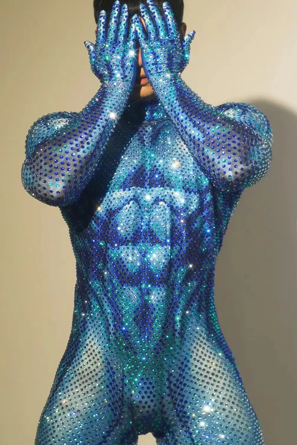 

luxury Sparkly Rhinestones blue Jumpsuit and gloves man sexy Performance Stage Celebrate nightclub DS dance drag queen festival