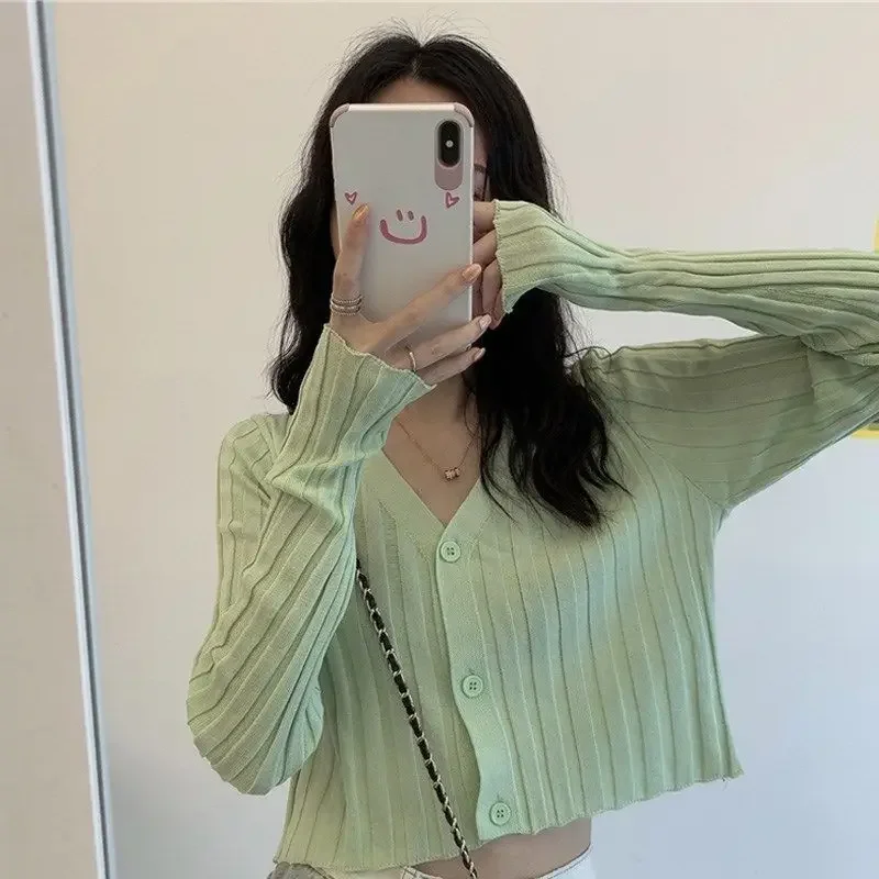 Summer Cardigan Women Thin Candy Colors Slim Female V-neck Korean Crops Casual Sweet Sunscreen Pure Long Sleeve Sun-proof Knit