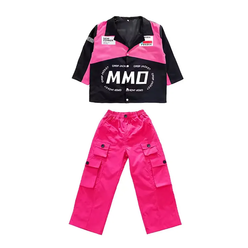 Kid Hip Hop Clothing Motorcycle Long Shirt Crop Jacket Top Rose Casual Cargo Pants Skirt for Girl Boy Jazz Dance Costume Clothes