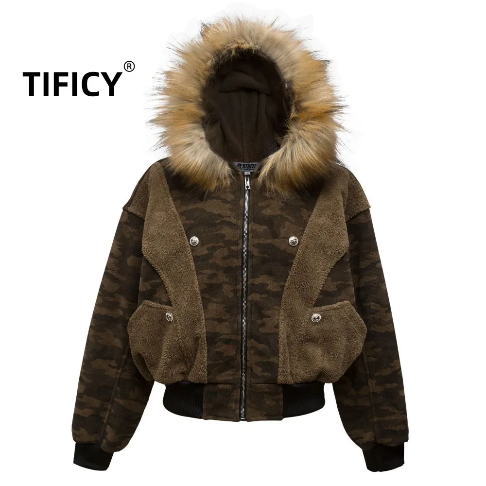 

Winter Warm Fur Lining hooded Jacket Men's Retro Winter Coat Camouflage Surface Design Warm Hooded Mountain Carved Jacket