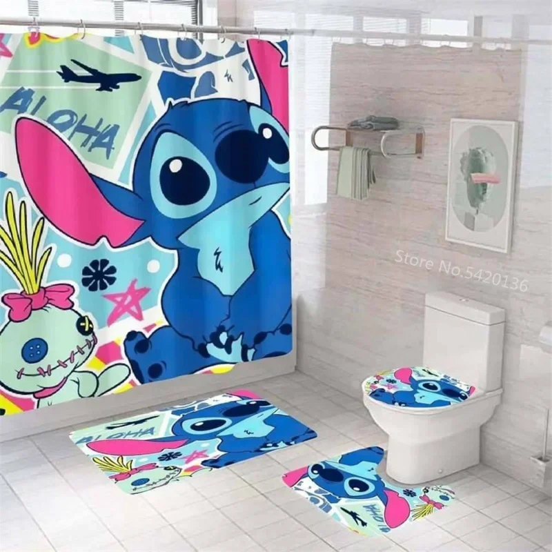 Disney Stitch Bathroom Curtains Shower Curtain Set For Bathroom Cartoon Ornate Bath Rug Decor