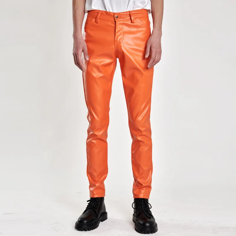 # 2201 noir blanc vert bleu Orange pantalon en cuir hommes printemps été maigre hommes Faux cuir crayon pantalon hommes mince grande taille 40