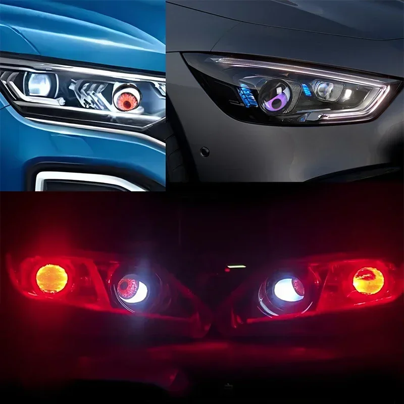 ديناميكية عيون الشيطان LED سيارة العلوي وامض الأحمر شيطان عيون المصابيح الأمامية مع عدسات ملونة للعيون تضيء أضواء مقلة العين السيارات