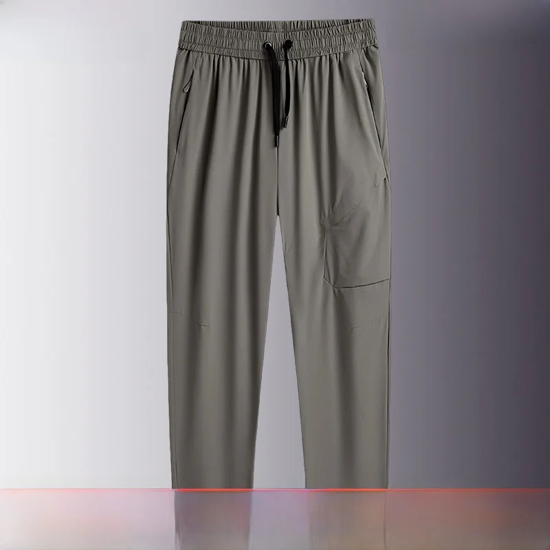 

Мужские летние тонкие быстросохнущие спортивные брюки из ледяного шелка больших размеров, прямого кроя, с эластичным поясом на шнурке и молнии, длинные, эластичные