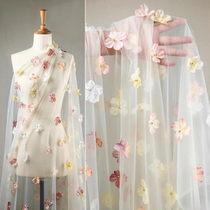 Three Dimensional Crabapple Flower Soft Mesh Fabric Biomimetic Handmade Flower Micro Elastic Dress Wedding Dress Design Fabric