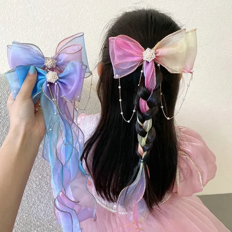 Girls Cute Elegant Mesh Bow Ribbon Hair Clip with Faux Pearl Tassel Crystal Decoration Colorful Chiffon Headwear for Party Kids