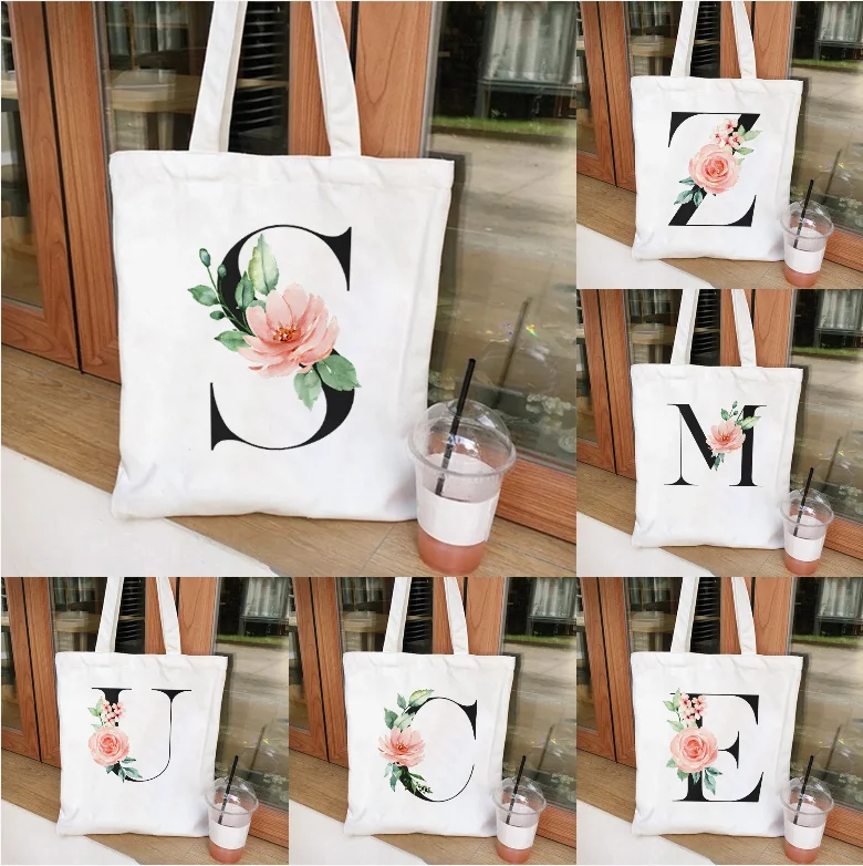 

Watercolor Floral Letter Canvas Handbag Women's Single Shoulder Shopping Bag with Letter Printing Suitable for Daily Use