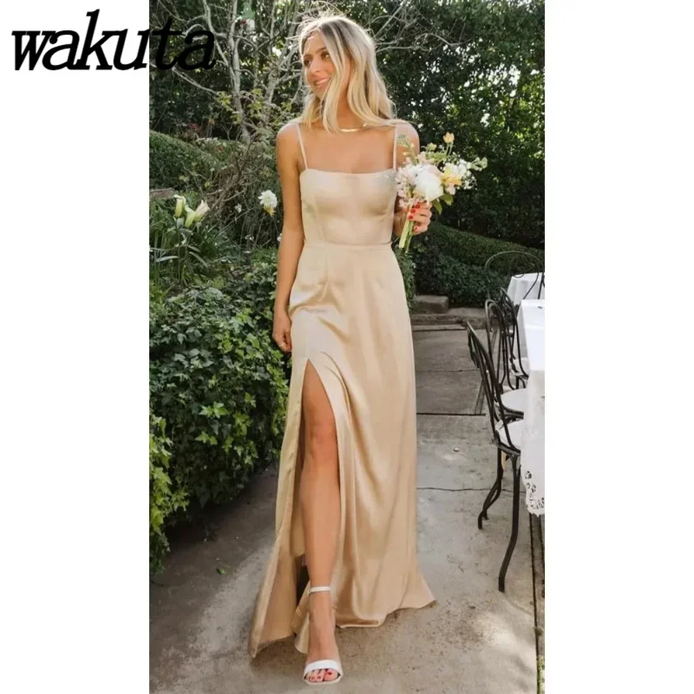 

Wakuta Sexy U-neck Strap Satin Bridesmaid Robes with High Slit Slim Fitting Dresses Formal Party Evening Vestidos Elegante Mujer