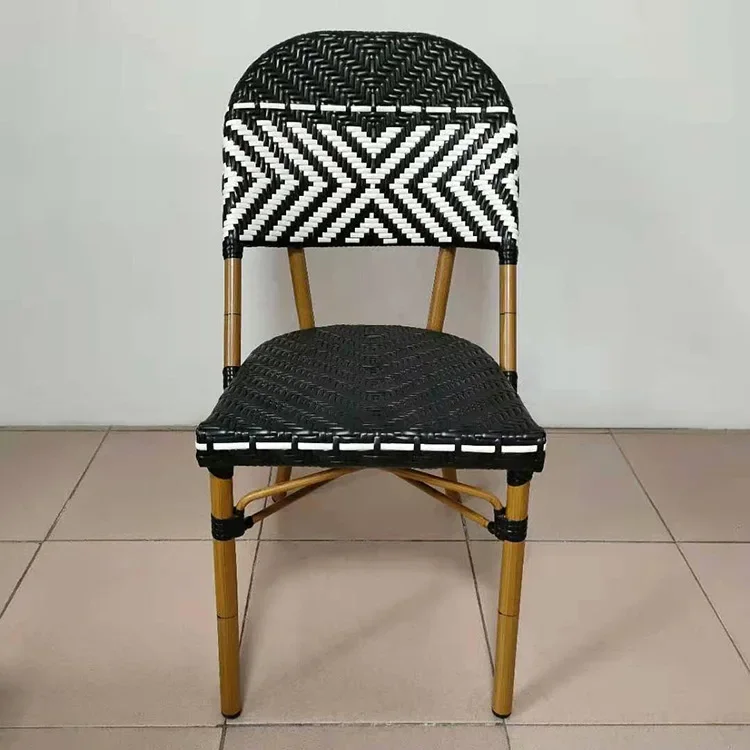 Black and white woven outdoor chairs, stackable dining chairs outside the restaurant milk tea shop in the open 5 groups