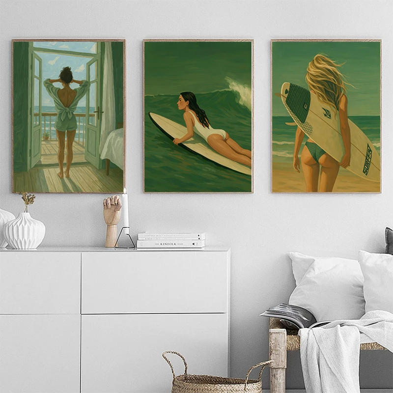 Retro Surfer Girl Ocean View Morning Poster Minimal Motorcycle Cliff Girl Prints Canvas Wall Art Pictures Home Living Room Decor