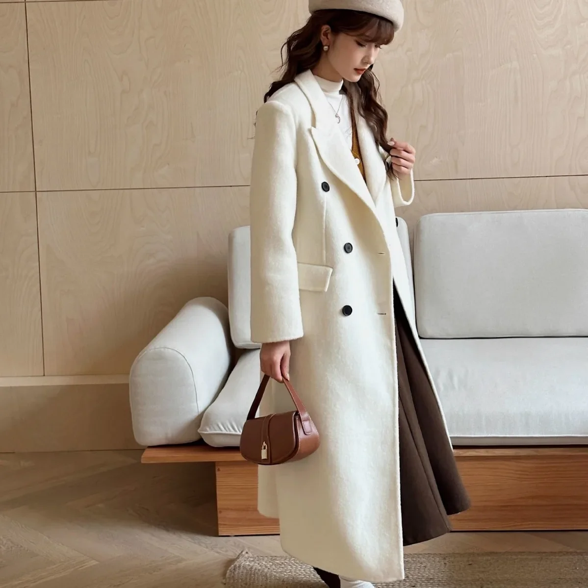 Small waist slim-fitting double-sided cashmere coat, long plush thickened warm wool double-sided woolen coat for women