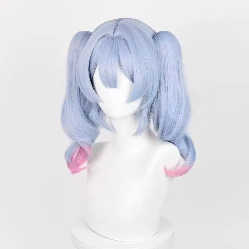 Anime Rabbit Hole Cosplay Wig Blue pink gradient double ponytail heat resistant synthetic fiber hair rose net cap For Halloween