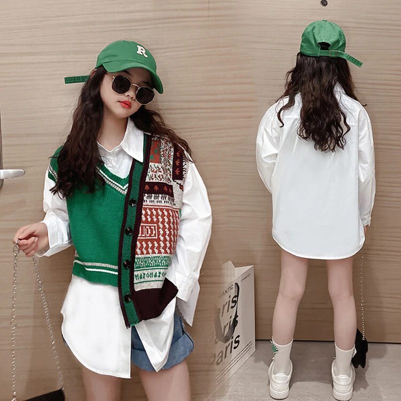 

Elegant Children Patchwork Design Knit Sweater Blouse for Teenage Girls Stylish Streetwear Tops Kids Fashion Sweater with Shirt