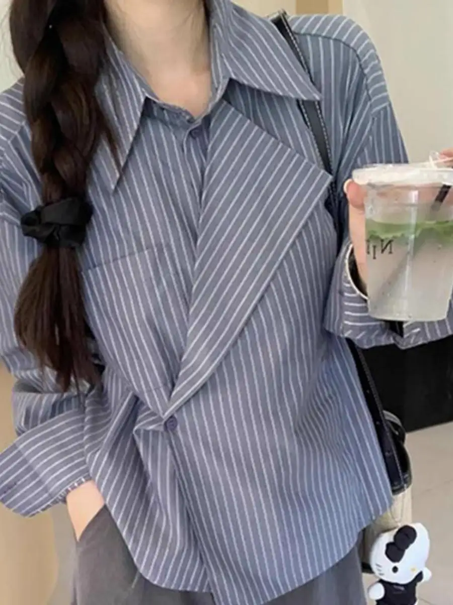 

Элегантная женская рубашка в полоску с длинным рукавом в корейском стиле, асимметричный топ для офиса, модный простой дизайн, осень 2026, новинка