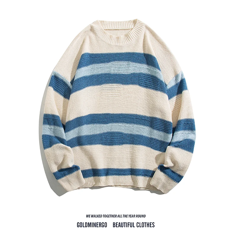 

Ретро-джемпер в японском стиле, в полоску, свободного кроя, осенне-зимний вязаный свитер, повседневная верхняя одежда для мужчин и женщин