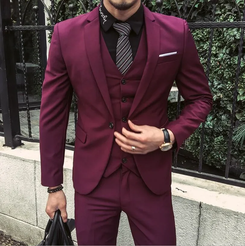 Formal Black Burgundy Groom Men Suit Classic Slim Fit 3 Piece Tuxedo Wedding Suits For Men Smart Business Man Jacket Vest Pants