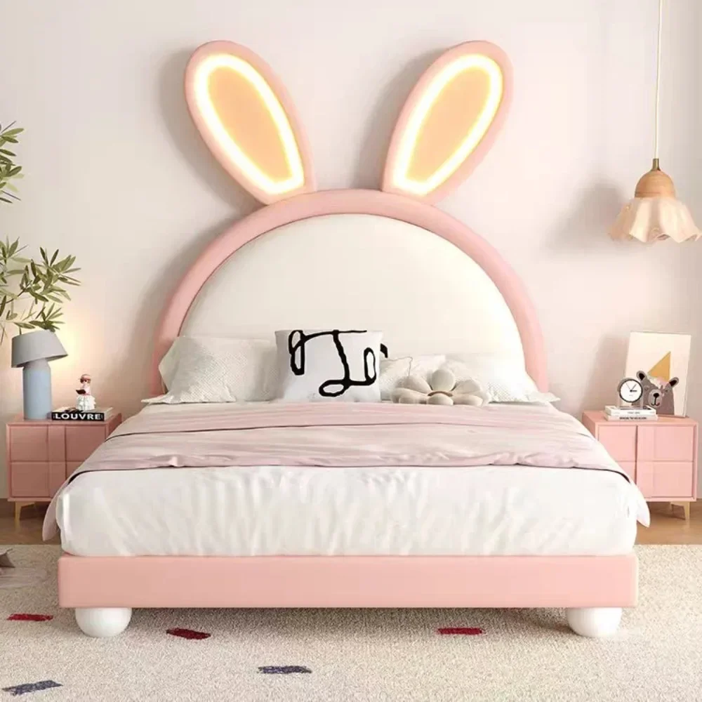 Children's furniture girl princess bed pink girl simple single bed solid wood bedroom luminous rabbit bed