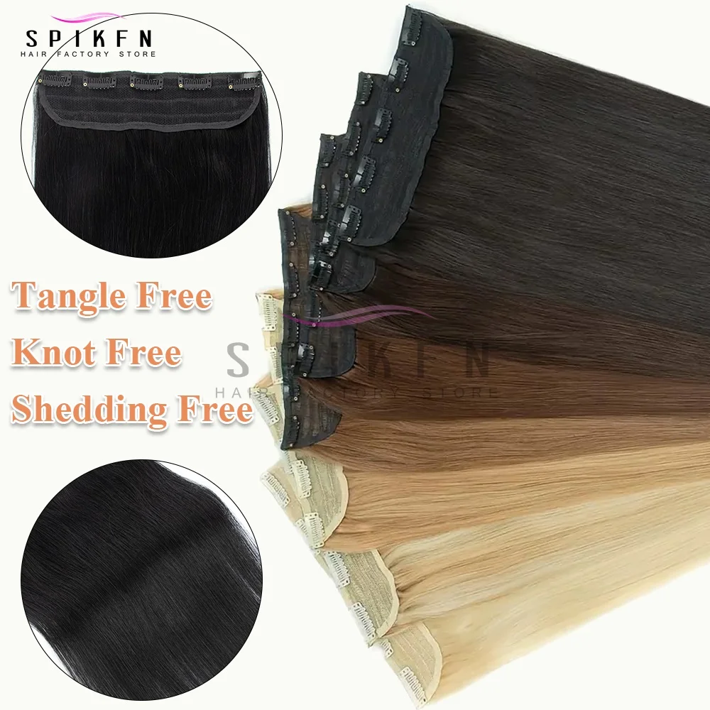 클립형 원피스 인모 연장 40-50G 블론드 브라운 웨프트 클립 천연 실크 스트레이트 헤어피스 여성용 12''-22''