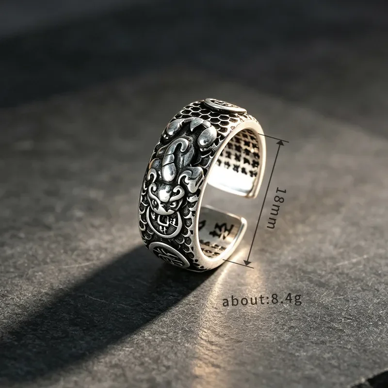 Retro Lucky Pixiu Ring Men Cold Wind Imitation Thai Silver Heart Sutra Index Finger Ring Fashion Creative Opening Adjustable