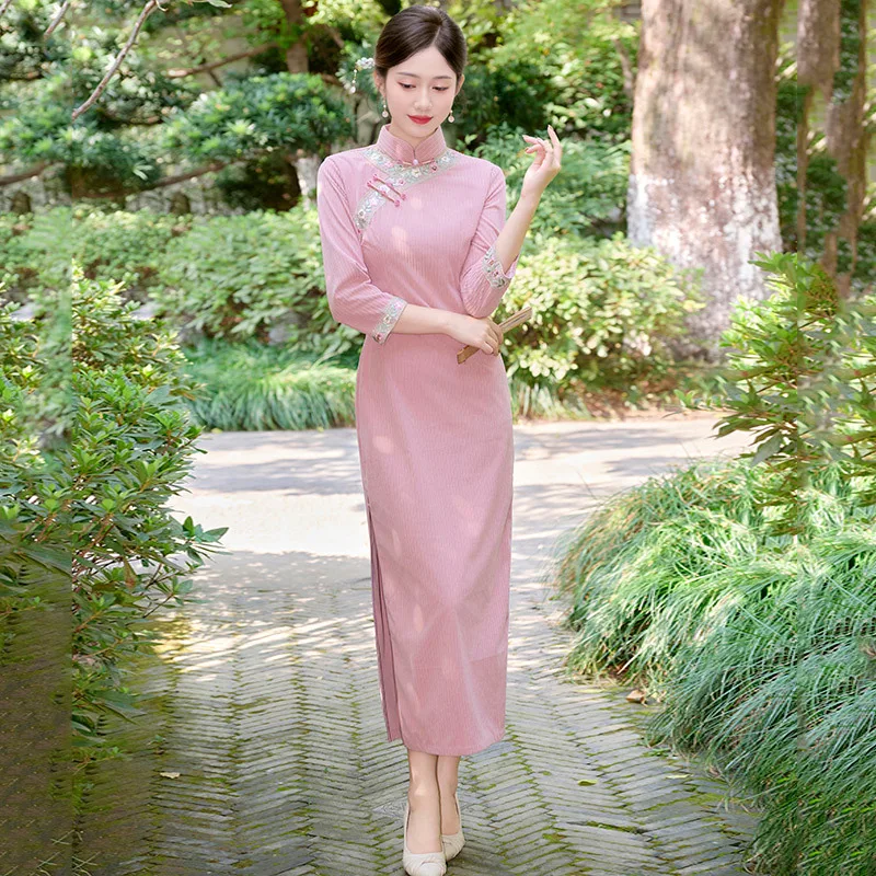 Yourqipao Autumn Winter Pink Long-Sleeved Modified Cheongsam Youthful Retro Slim Fit Qipao Chinese Style Evening Dress for Women