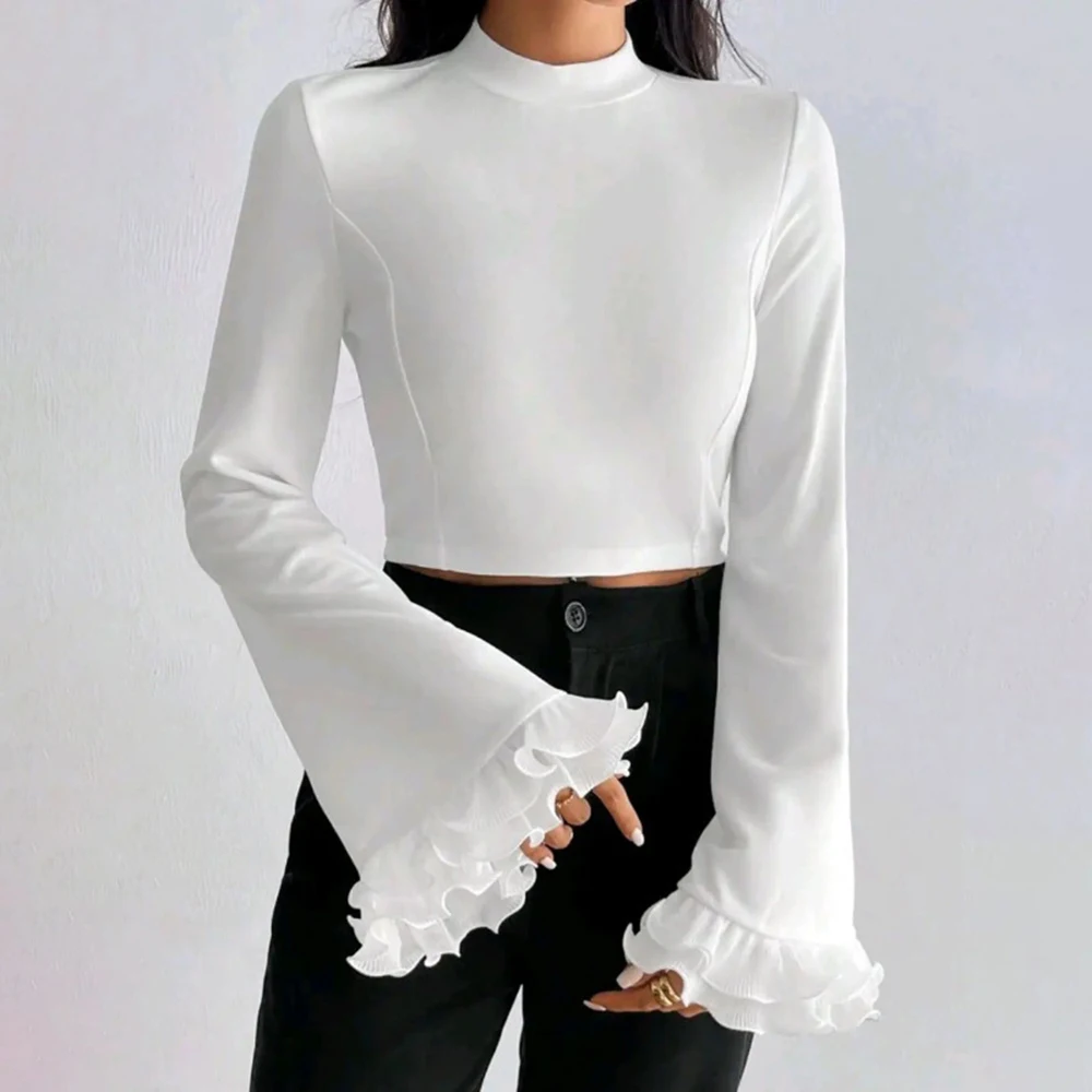 Women's Fashion Solid 2024 Autumn New Ruffle Edge Pleated Flare Cuffs O-Neck Short T-Shirt For Women Versatile Bottoming-Shirt
