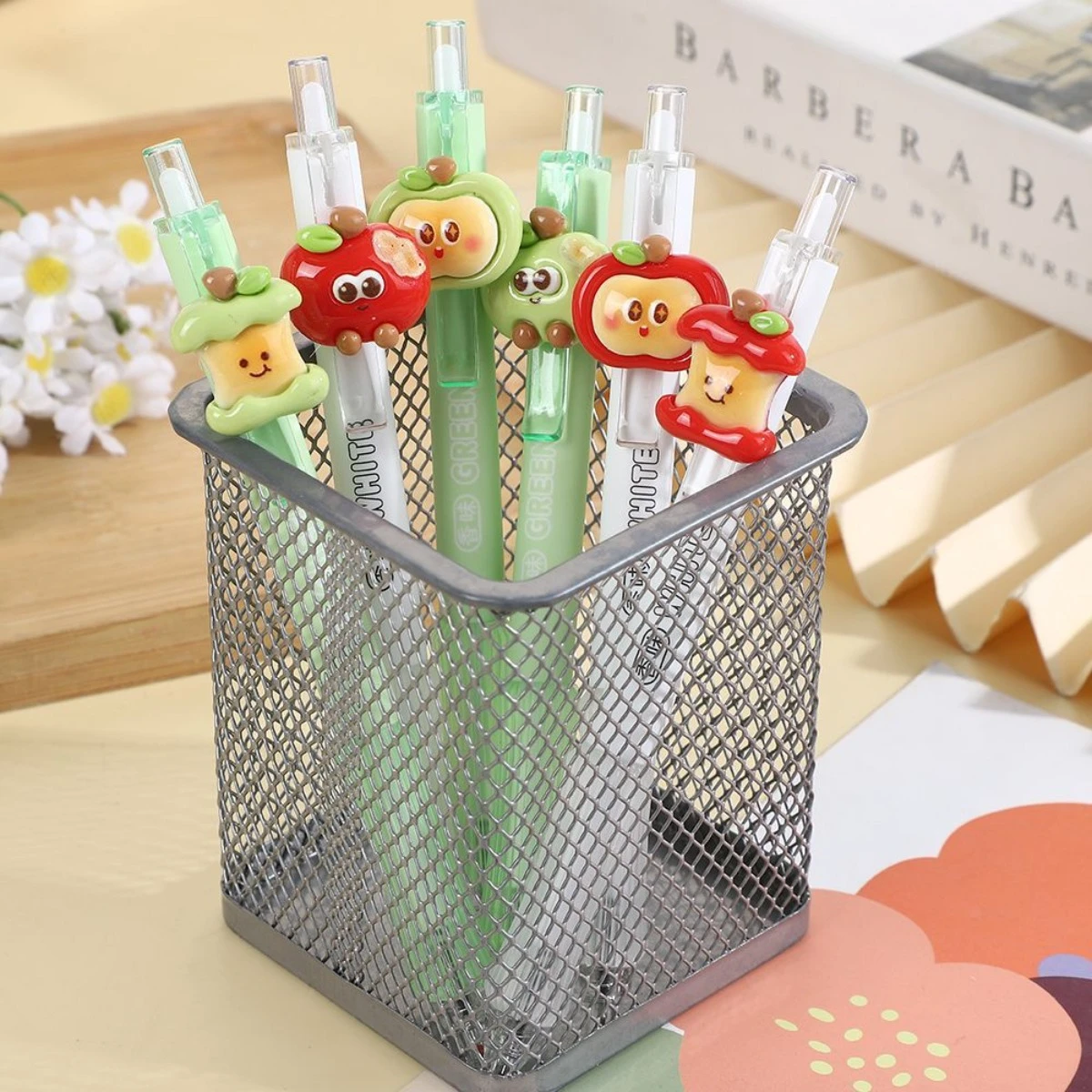 Cute Apple Gel Pens Set 3/6pcs Soft Grip Anti-Slip 0.5mm St Tip Quick-Dry Smudge-Proof Ink for Students Exams Office Use