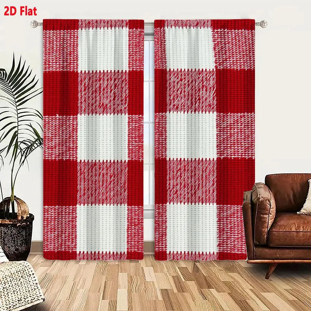 2Pcs Curtains Add 2D Flat Classic Red And White Checkered Woven Textile With Rustic Gingham Pattern For Picnic Blankets Or Table