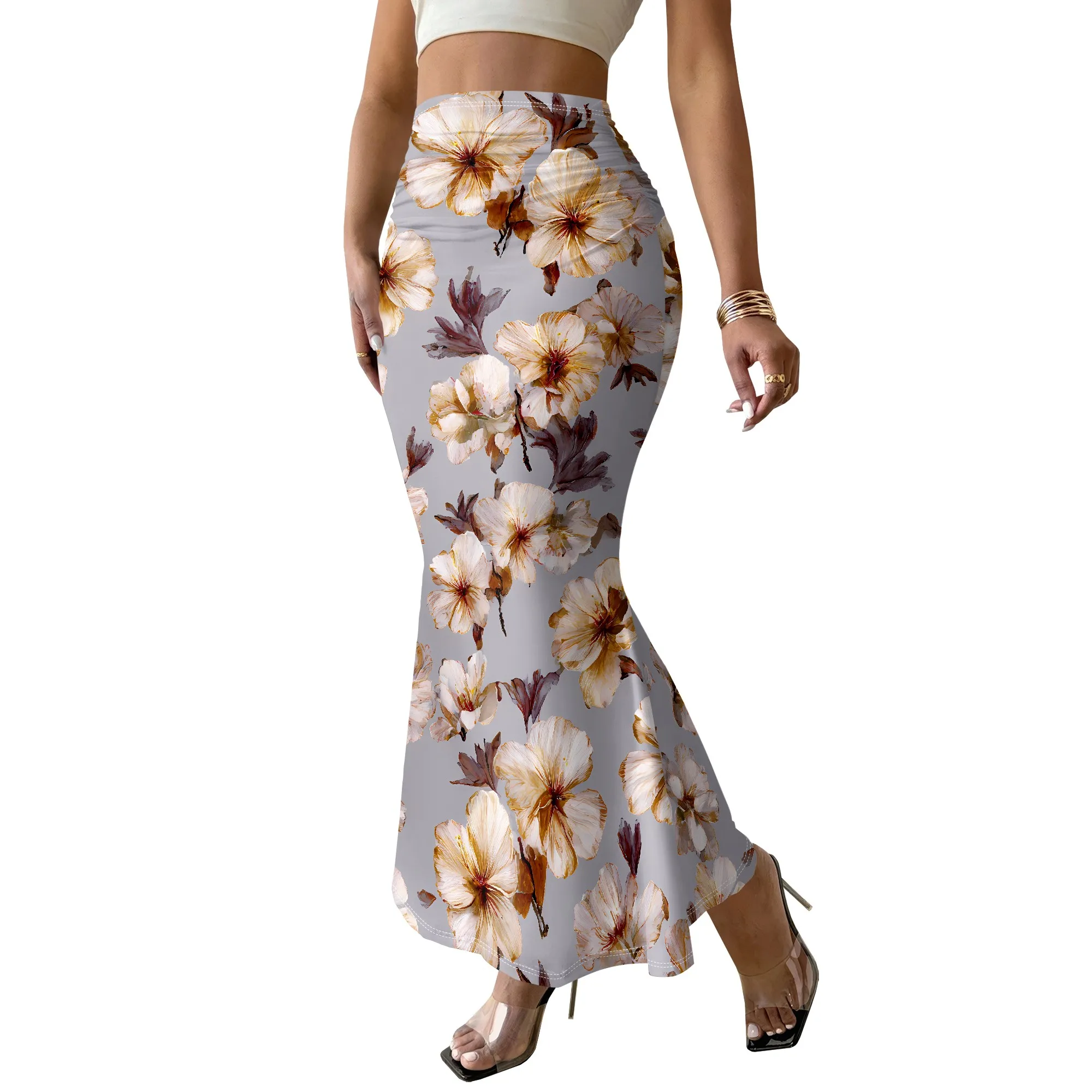 Floral Mermaid Skirt, Elegant Flower Print Maxi Skirt, Ruched Bodycon Skirt for Women, Summer Beach Party Wear, S-3XL