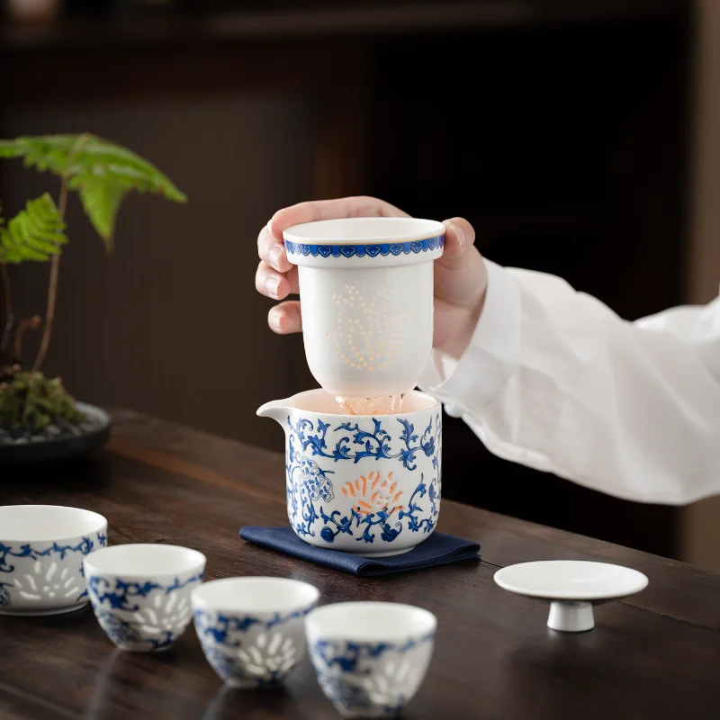 Blue White Linglong Porcelain Travel Tea Set Teapot Cups Gift Box