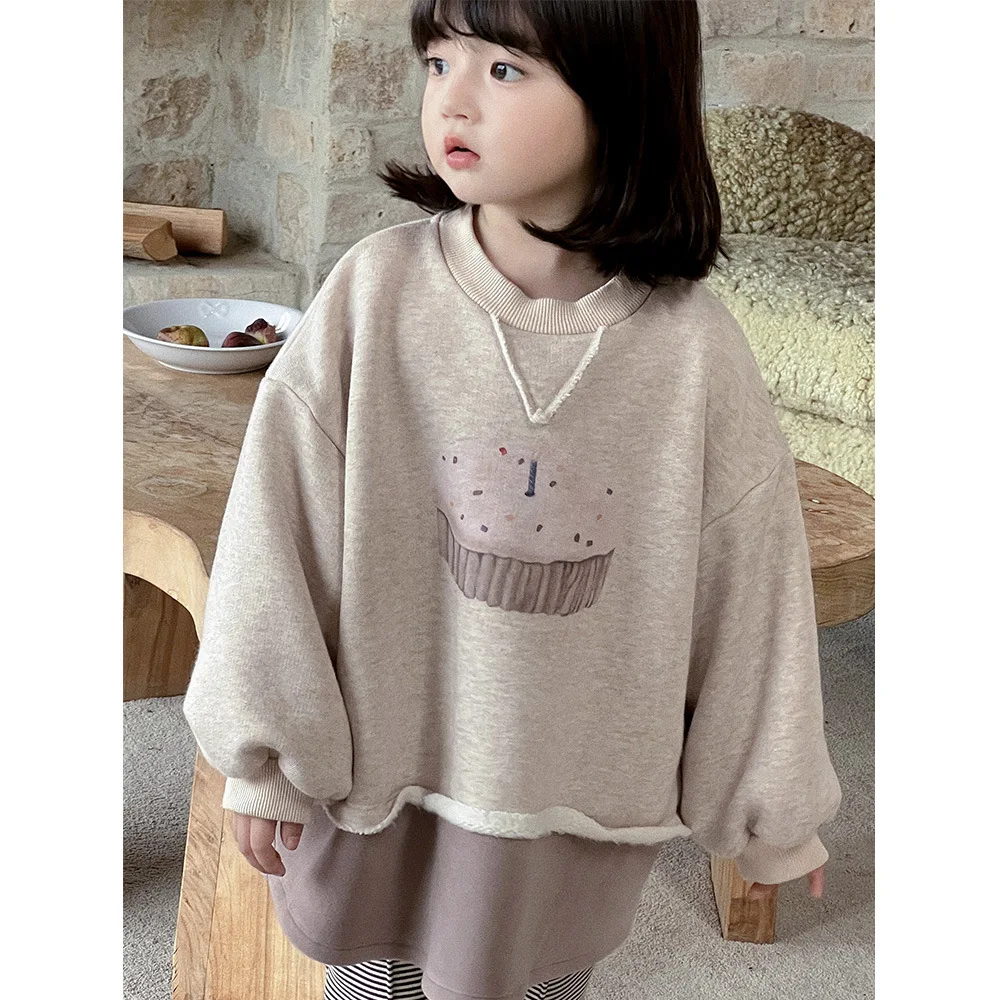 Girls Hoodie 2024 New Winter Childrens Wear Korean Style Girl Baby Cute Foreign Loose Dessert Print Plus Fleece Hoodie Casual