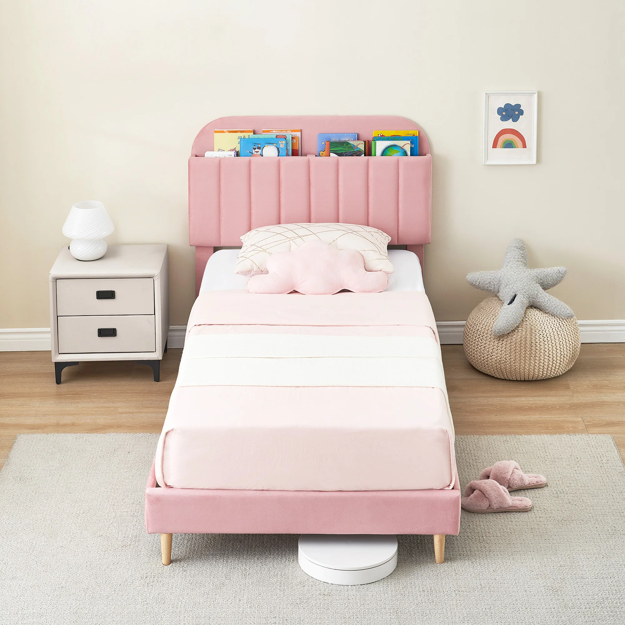 GarveeLife Kids Twin Velvet Upholstered Platform Bed Frame with Storage Bookcase Headboard - Noise-Free - Heavy-Duty Steel Legs & Strong Wood Slats - No Box Spring Needed - Easy Assembly - Ivory White/Light Blue/Velvet Pink
