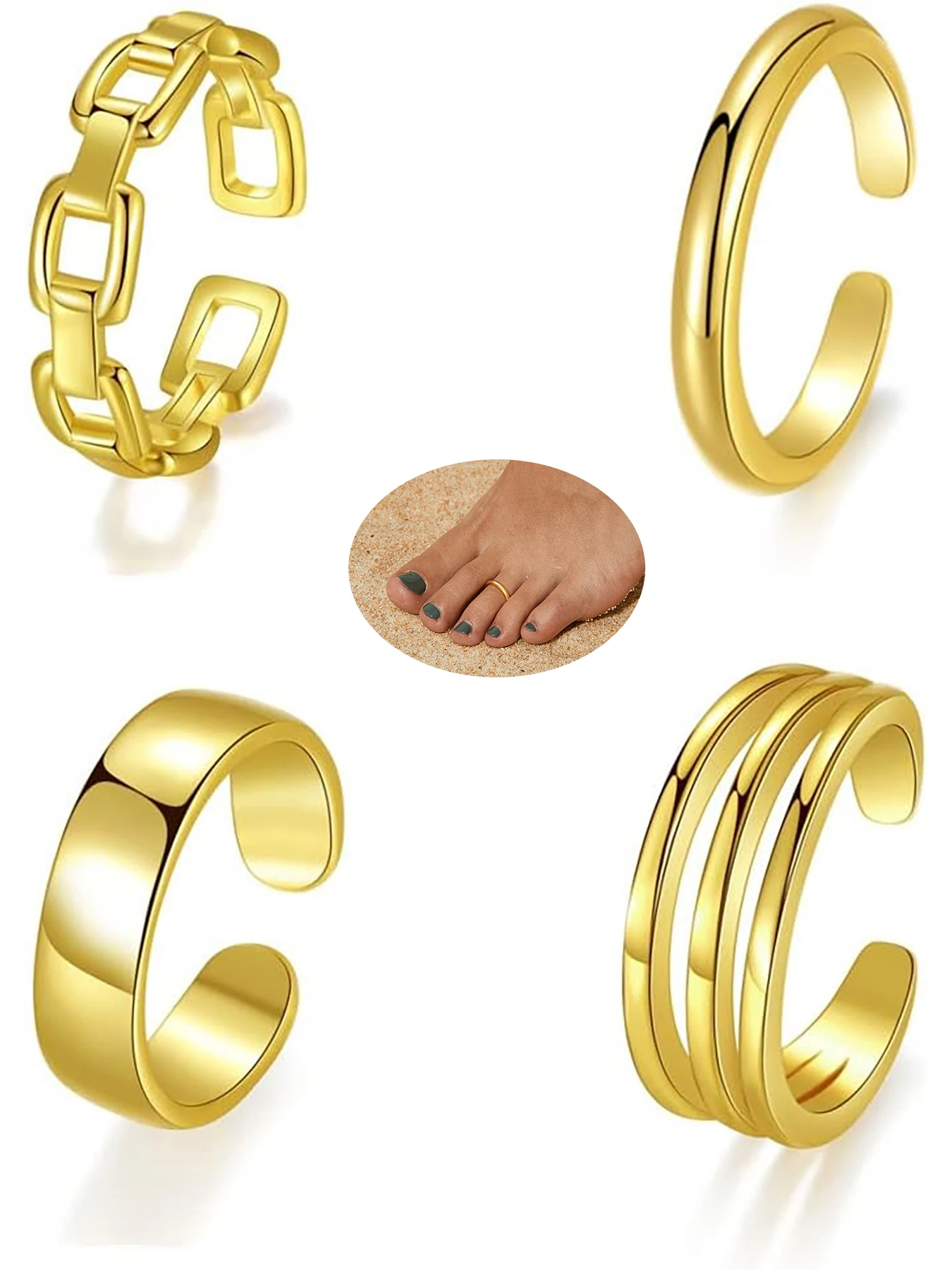 4pcs Fashionable Open-Ended Adjustable Glossy Hollow Foot Rings For Women Beach Vacation Foot Joint Rings Toe Ring Set Jewelry