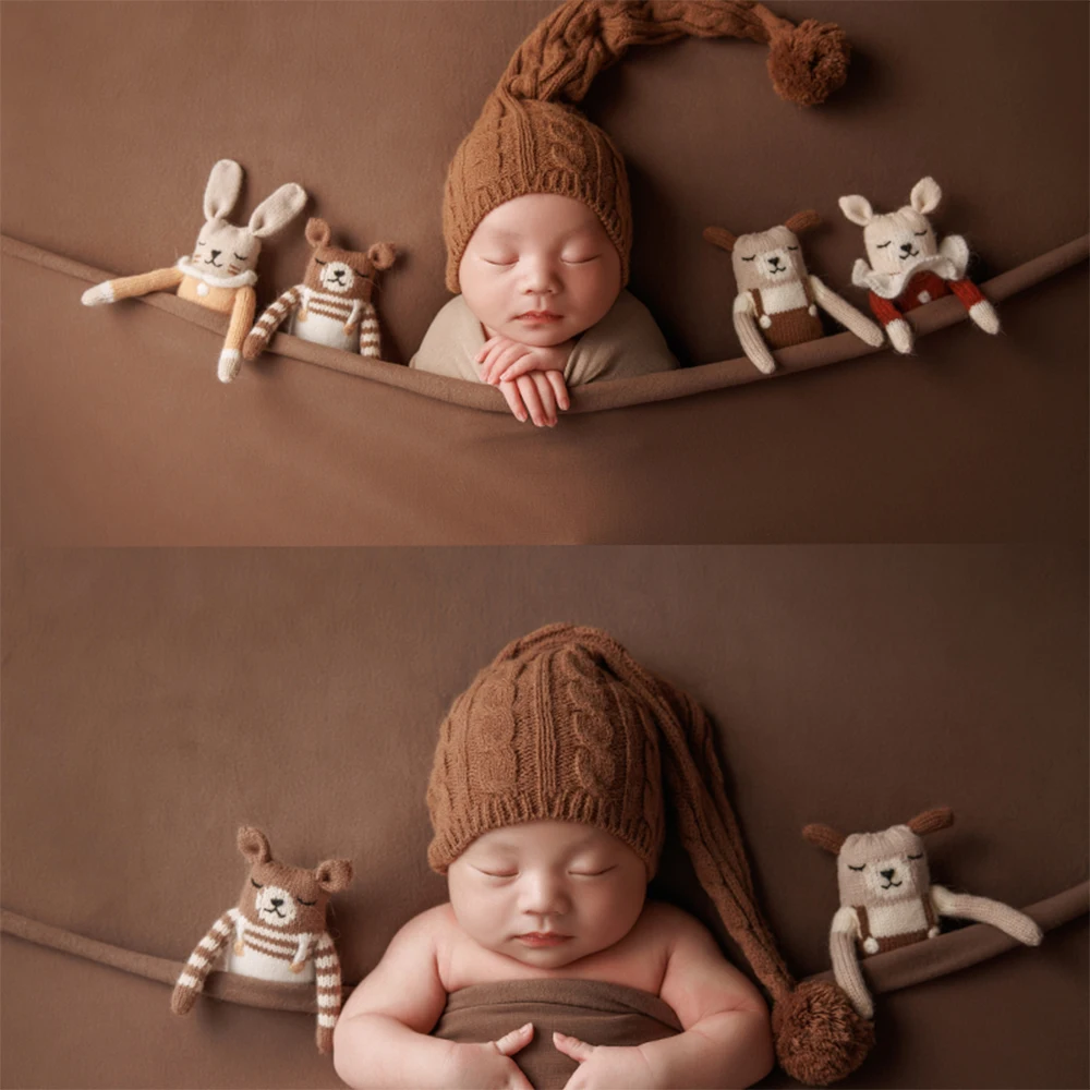 

Newborn Photography Props Knitted Long Tail Ball Hat Headdress Cute Knit Animal Dolls Studio Photo Background Cloth Accessories