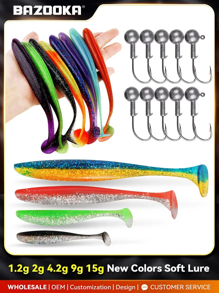 

Bazooka Fishing Lure Soft Jigging Lead Head Big JIG Worm Shad Silicone T Tail Easy Shiner Bait Wobbler Swimbait Pike Bass Winter