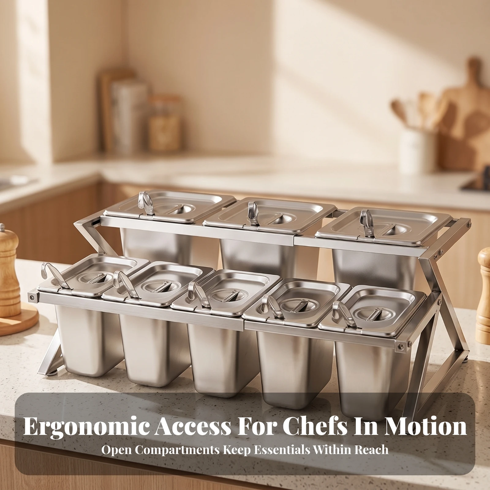 Double-Layer Condiment Stand Easy to Clean Condiment Holder with Spoons Container with Lids Adjustable-Width Topping Station
