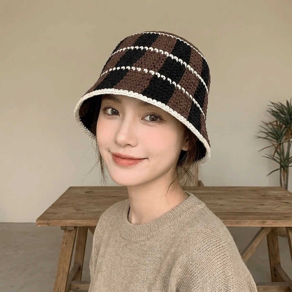 Casual Crochet Striped Bucket Hat Knitted Thermal Cold Cap Wool Korean Style Panama Hat Beach