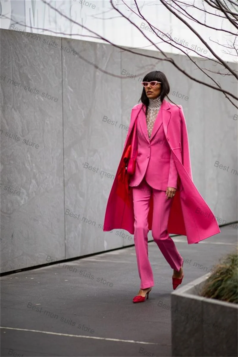 

Pink Cotton Women Suit Set 3 Piece Long Overcoat+Blazer+Trousers Formal Office Lady Customized Tiered Trousers Prom Coat Jacket