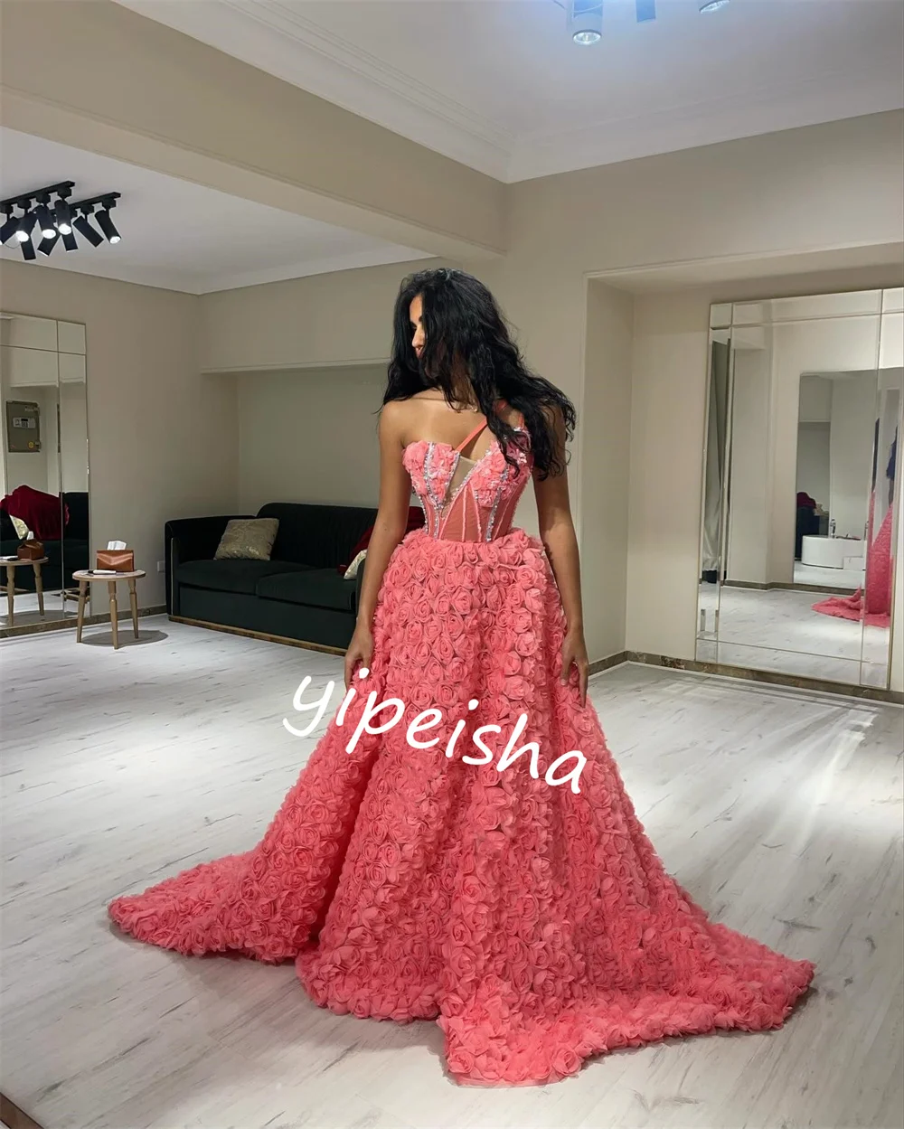 Customized  Jersey Flower Beading Wedding Party Ball Gown One-shoulder Bespoke Occasion  Long Dresses Saudi Arabia