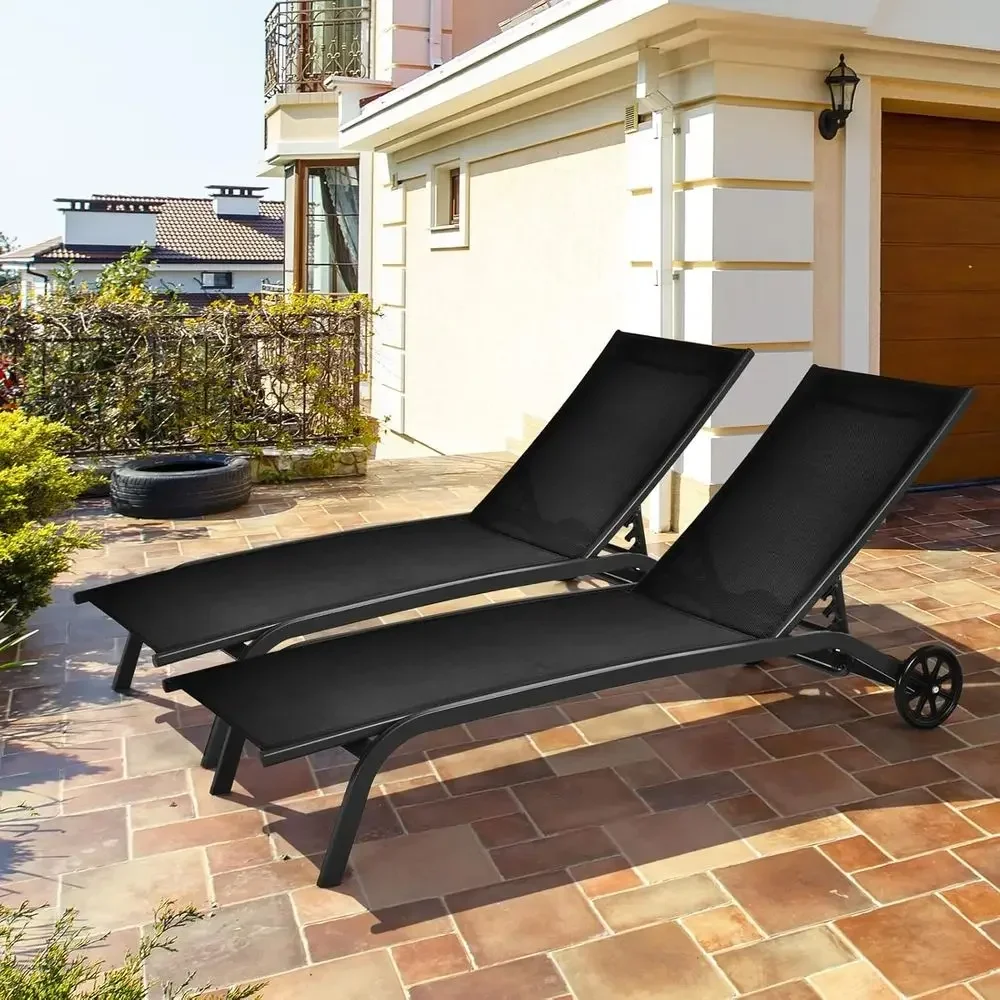 6-Position Adjustable Outdoor Patio Lounge Recliner with Breathable Fabric and Smooth Wheels (2, Black)
