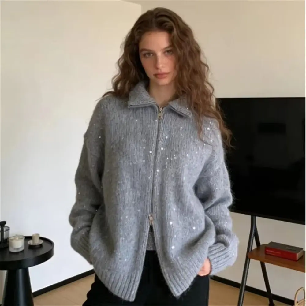 

Новый блестящий вязаный кардиган с блестками и пайетками, воротник-стойка, свитер с длинными рукавами Y2K, кардиган с двойной молнией, осень-зима