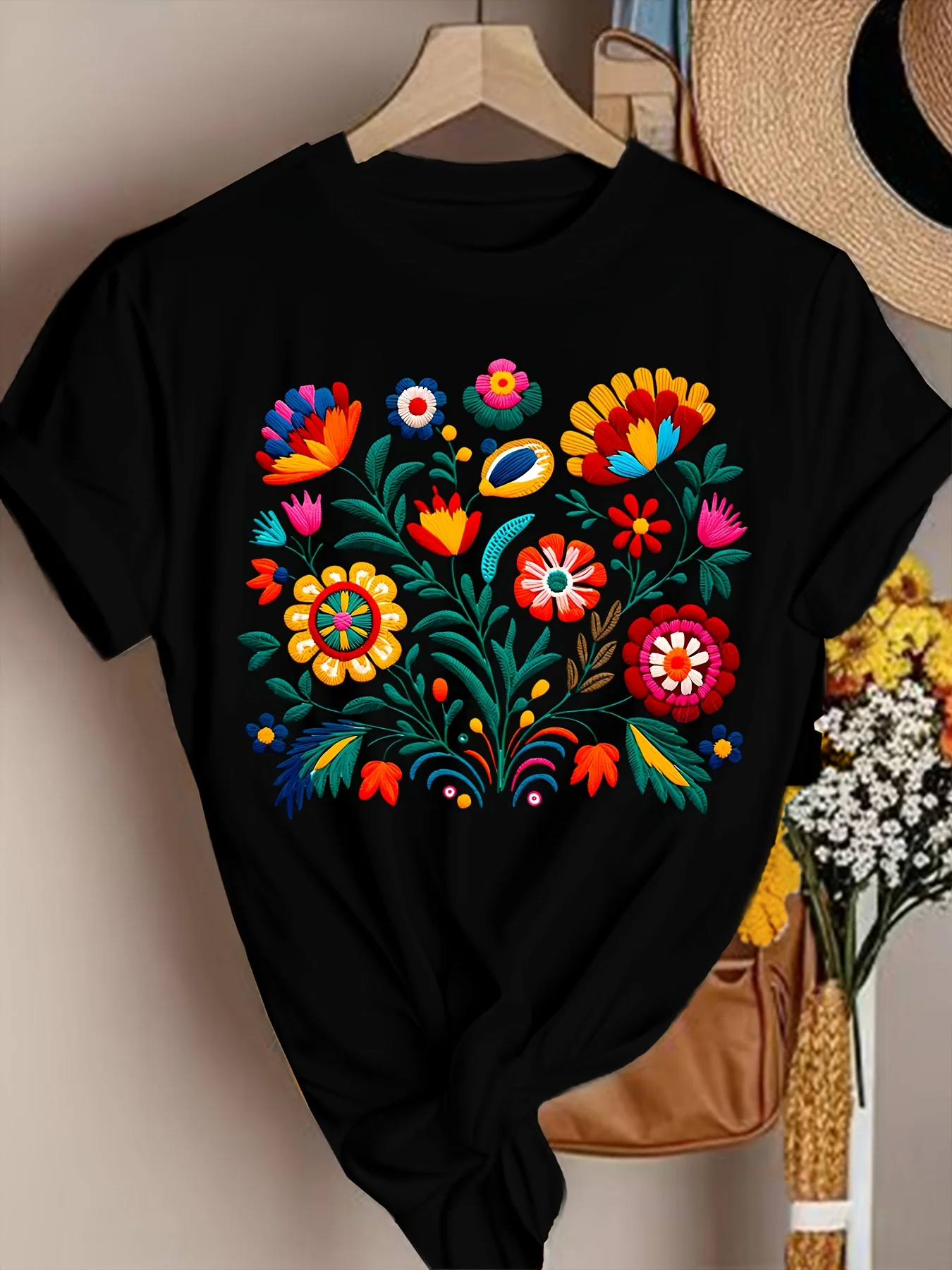 Mexican Folk Art Flower Graphic Tee Unisex Vibrant Floral Print Black Y2K Casual Short Sleeve Streetwear Fashion Tops