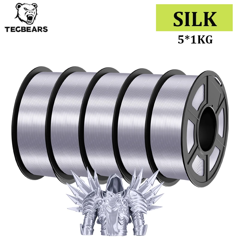 TECBEARS Zijde 3D Printer Filament 1.75mm 5 Rollen 5KG Multi Kleur PLA+ ZIJDE Vacuümverpakking Geen Bellen voor FDM DIY Cadeau Materiaal