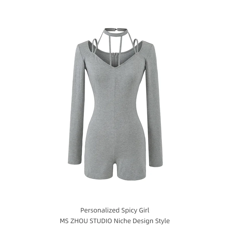 

Sexy Long Sve Onesie Women's Casual High Waist ort Pants Hollow out Ne Hanging Design Slimming Hot Girl Sle Suit