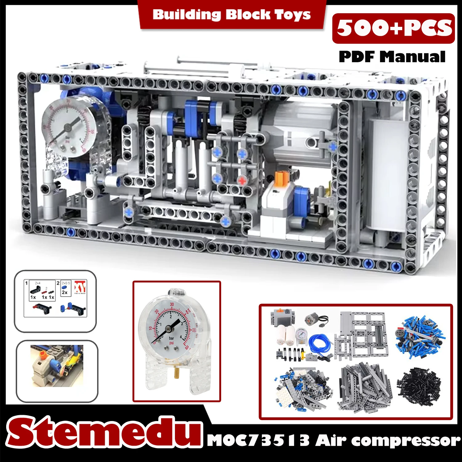 

MOC73513 500+PCS Large Electric Air Pump Building Block Assembly Kit Air Compressor with Battery Box + Air Tank 64065 9641